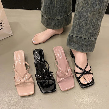 Xajzpa New Style Fashion Women's Shoes Peep Toe Square Toe Women's Slippers Outdoor Stiletto Heel Cross Thin Strip Modern Slippers